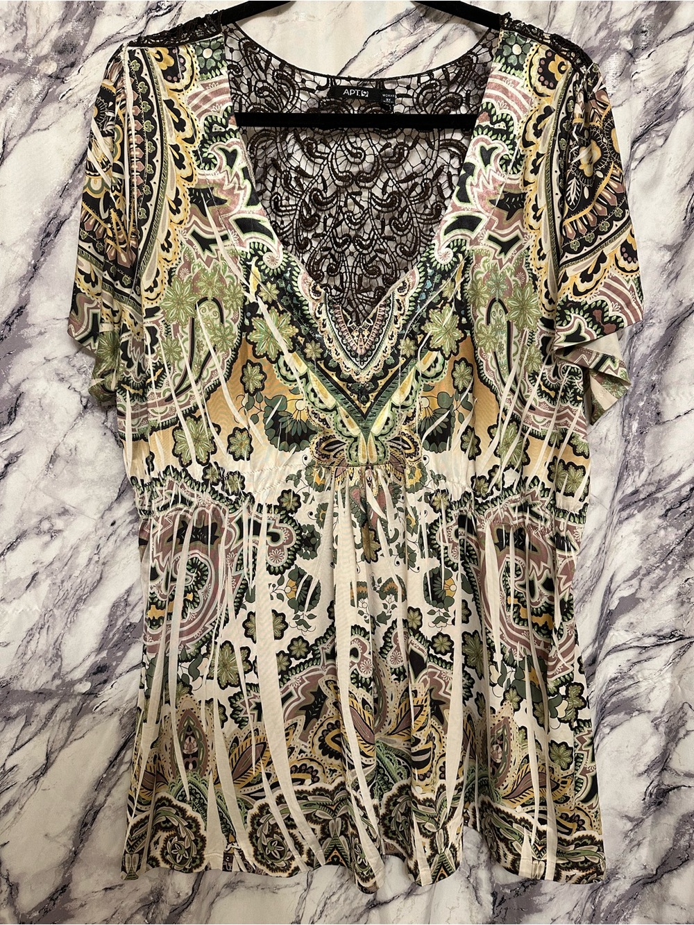 Apt. 9 Green, Beige & Black Paisley V-Neck Blouse - 3X